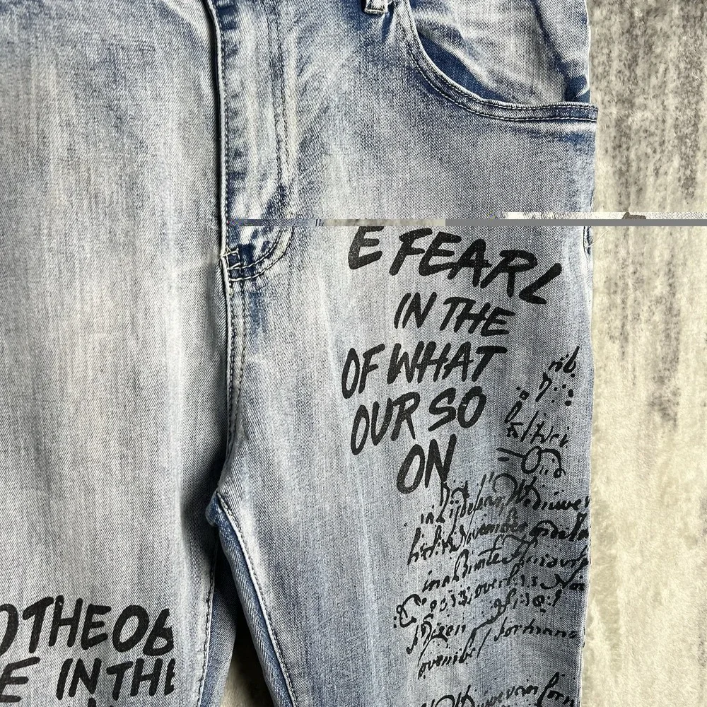 Waimea Moto Skinny Fit Jeans Men's 36x32 Blue Acid Wash Y2K Writing‎ Graffiti